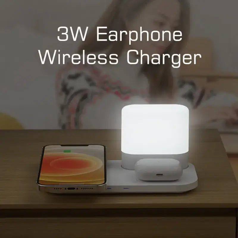 White decorbites led wireless charging night light with dual slots for phone and earbuds and integrated led lamp