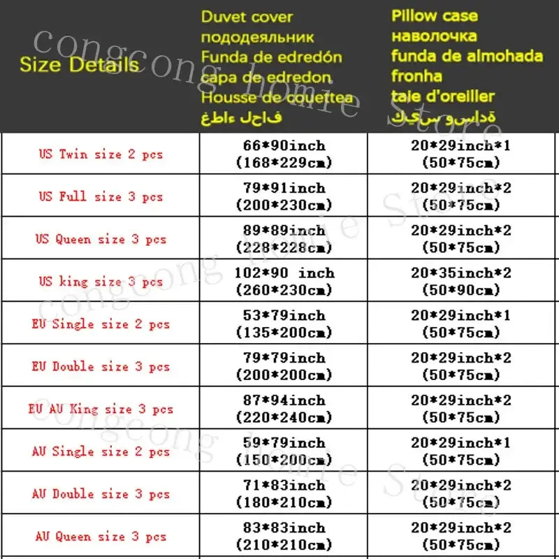 Size chart for white diamond pinch pleated duvet cover set showing dimensions in inches and centimeters for various bed sizes