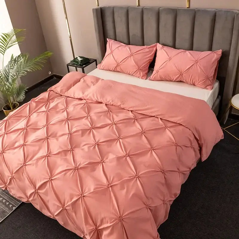 Pink quilted satin duvet cover set with matching pillowcases from white diamond pinch pleated cover set collection
