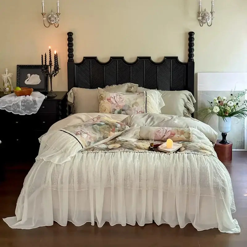 White double lace ruffles bed skirt in egyptian cotton featuring delicate sheer layers and subtle lace detailing for bedding set