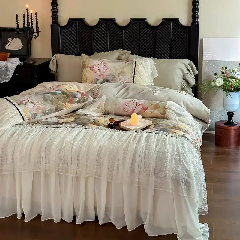 White double lace ruffles bedding set featuring a delicate layered lace bed skirt with ruffled hemline in egyptian cotton