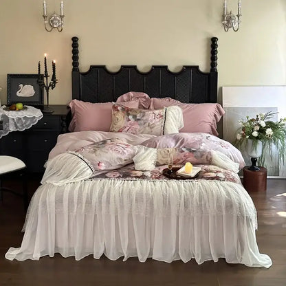 Pink floral bedding set with double lace ruffles and ruffled edges made of egyptian cotton for bedroom use