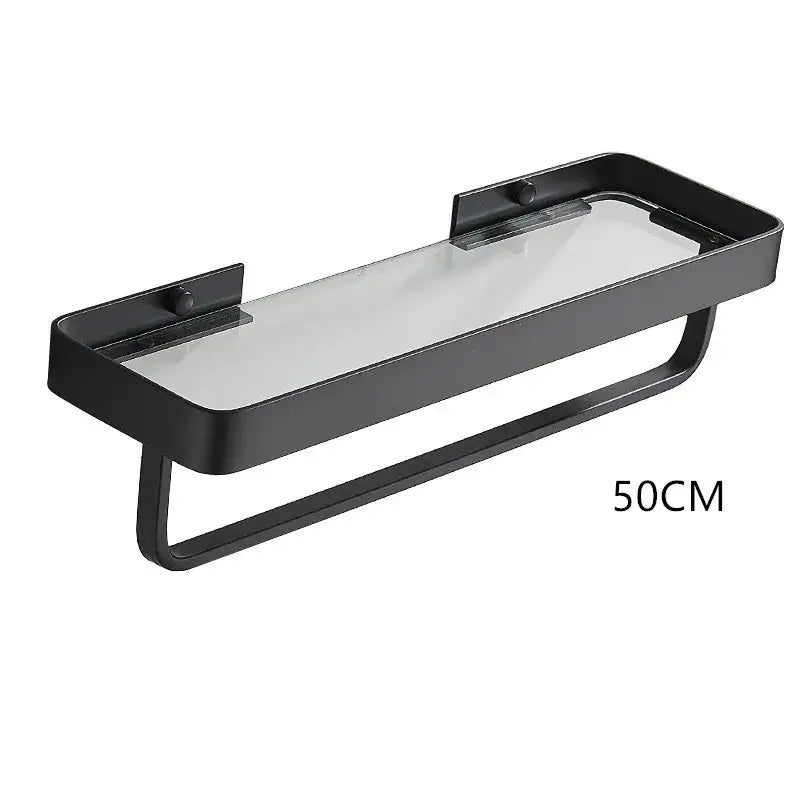 Black metal towel rack with clear glass shelf in white double tier glass corner shelf for bathroom use