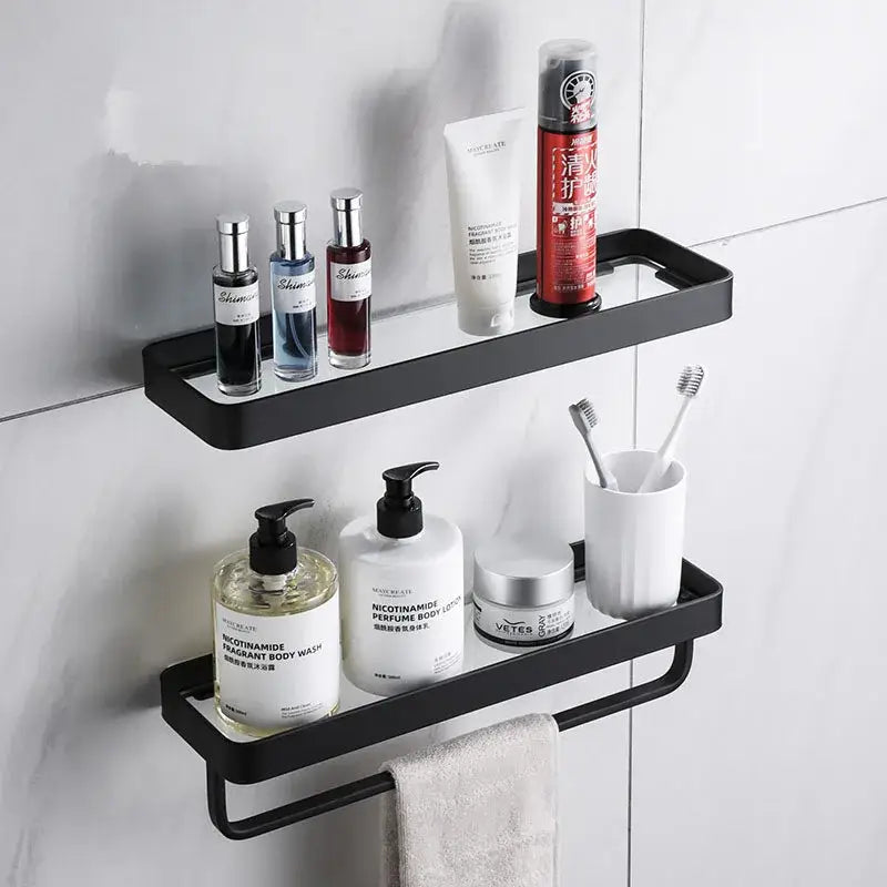 Black metal double tier bathroom corner shelf with integrated towel bar ideal for kitchen storage and glass corner shelf use