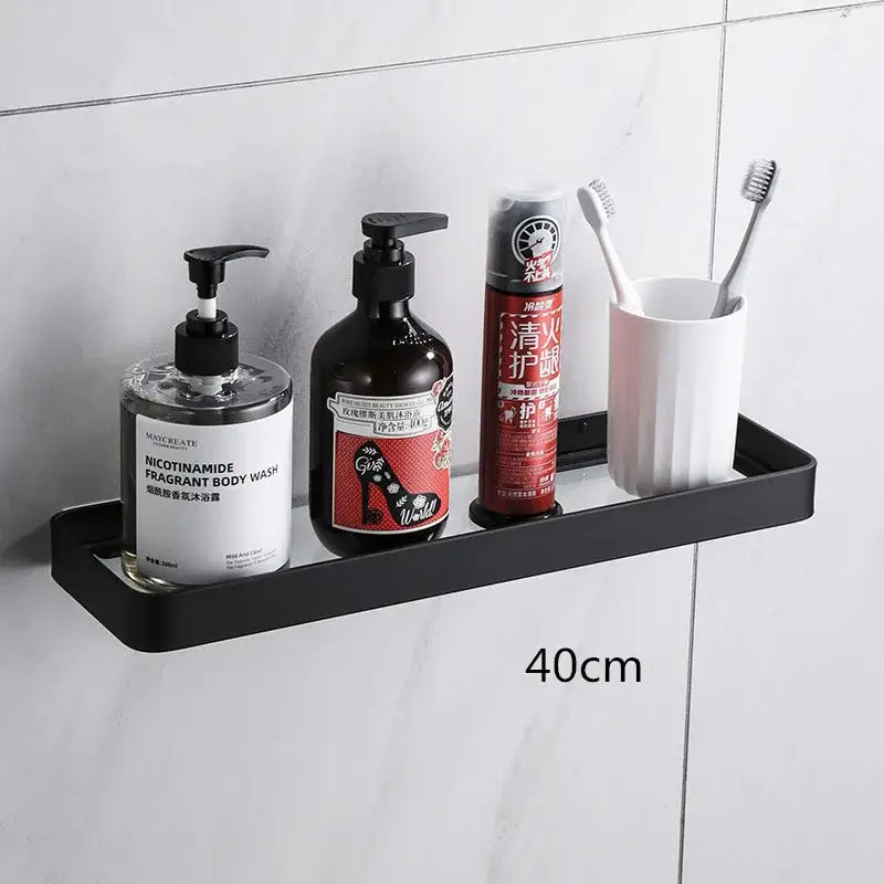 Black metal bathroom shelf 40cm long designed as a glass corner shelf with towel bar for kitchen storage and bathroom use