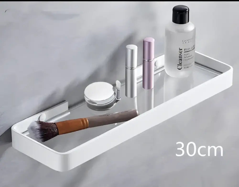 White double tier glass corner shelf with towel bar featuring a white rectangular wall-mounted glass corner surface