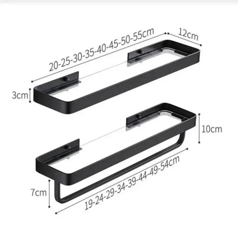 Black metal towel rack with sleek modern design and glass corner shelf for bathroom double tier corner shelf