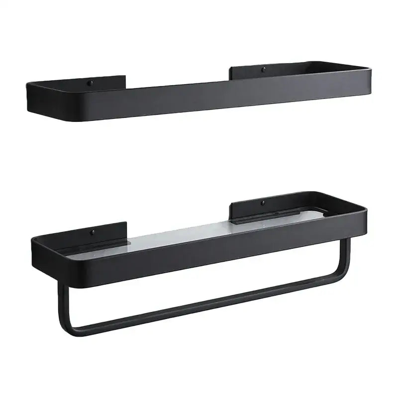 Black metal bathroom corner shelf with integrated towel rack and glass panel for organized storage and display