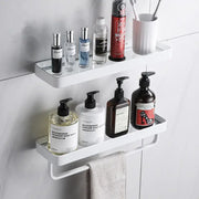 White double tier glass corner shelf with integrated towel bar for bathroom use and durable glass corner design