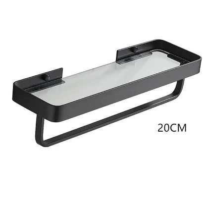 Black metal towel rack with clear glass corner shelf for bathroom white double tier glass corner shelf with towel bar