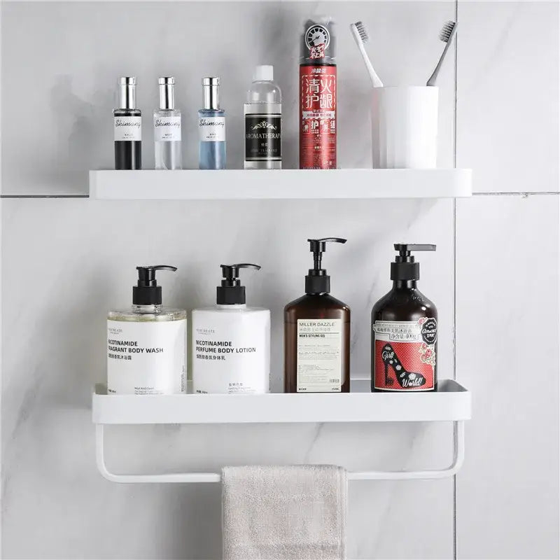 White double tier glass corner shelf with towel bar holding toiletries for bathroom and kitchen storage use