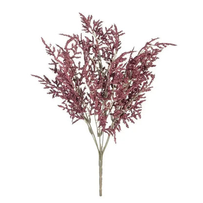 A white dried baby’s breath lavender bouquet with burgundy artificial grass featuring glittery slender stems in a paper box vase