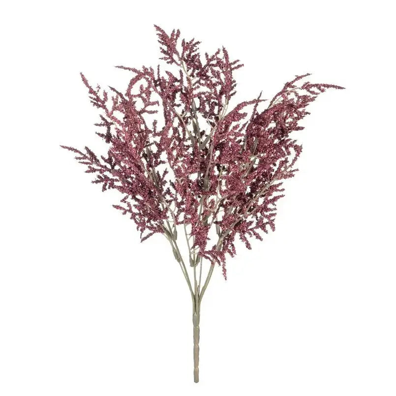 A white dried baby’s breath lavender bouquet with burgundy artificial grass featuring glittery slender stems in a paper box vase
