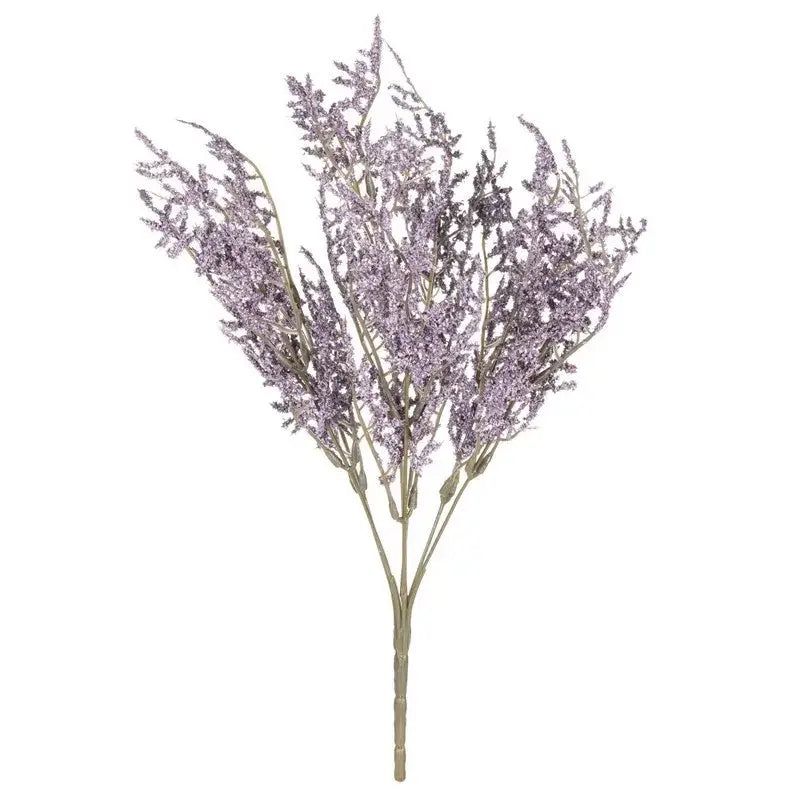 A delicate artificial lavender bouquet with slender stems in a white dried baby’s breath lavender paper box vase for living room