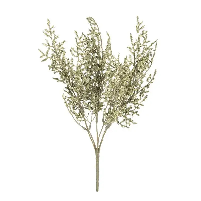 A delicate silver-toned artificial white dried baby’s breath lavender bouquet with feathery branches in a paper box vase