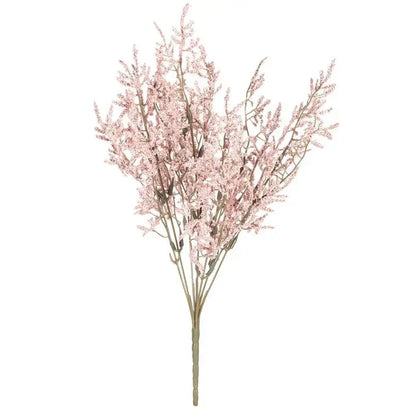 A delicate white dried baby’s breath lavender bouquet with artificial pink flowers and slender light brown branches