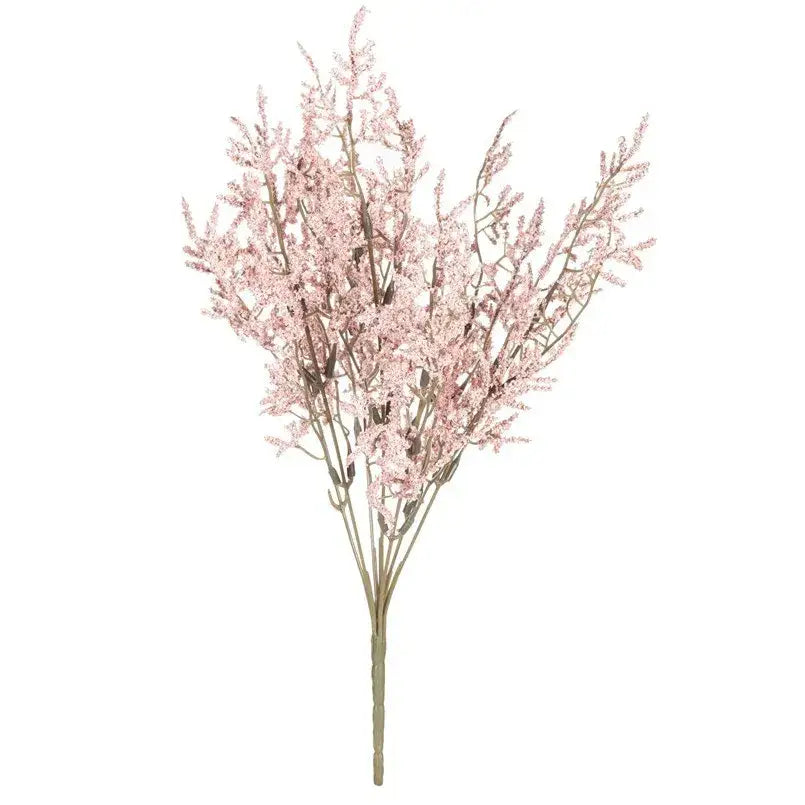 A delicate white dried baby’s breath lavender bouquet with artificial pink flowers and slender light brown branches