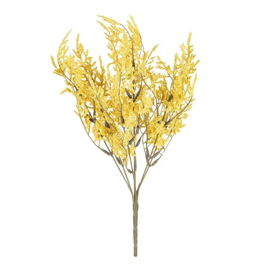 A vibrant golden-yellow artificial breath lavender bouquet with feathery blooms in a paper box vase for living room decor