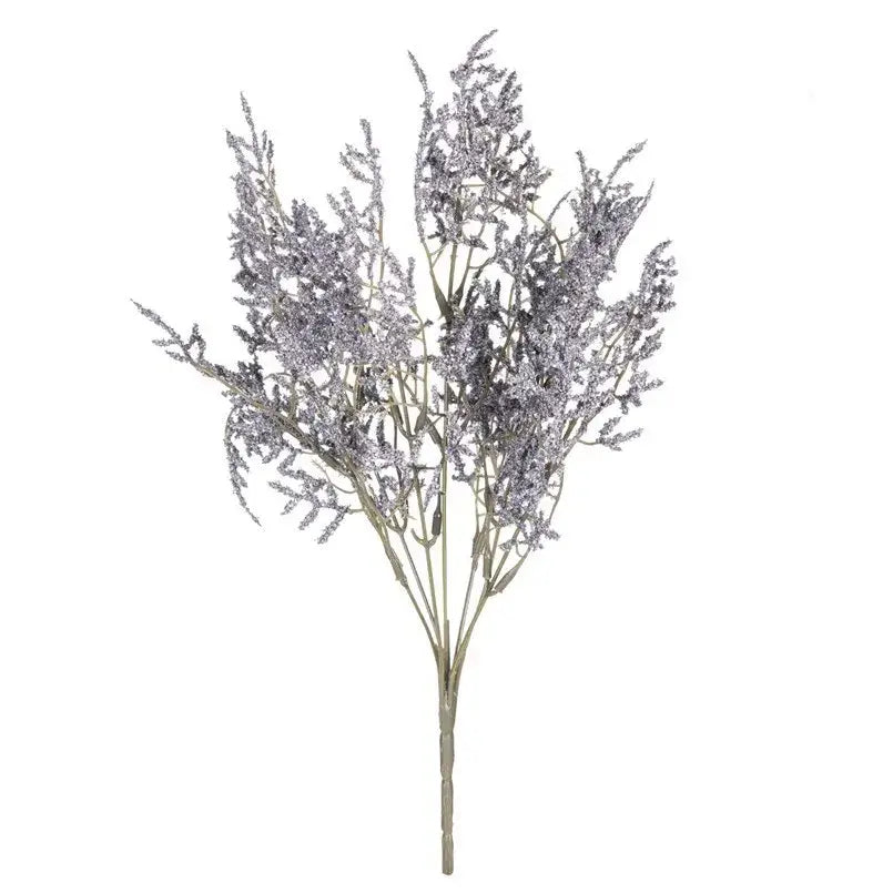 A delicate silver-frosted artificial lavender bouquet with slender stems in a white dried baby’s breath lavender vase