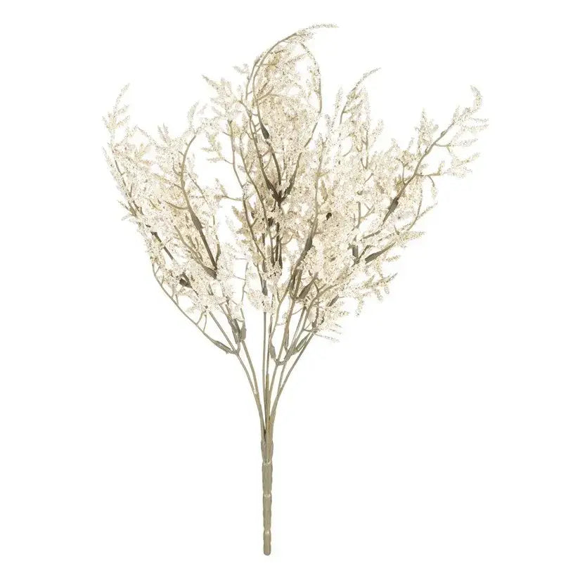 A cream-colored artificial breath lavender bouquet with slender stems in a paper box vase for living room decor