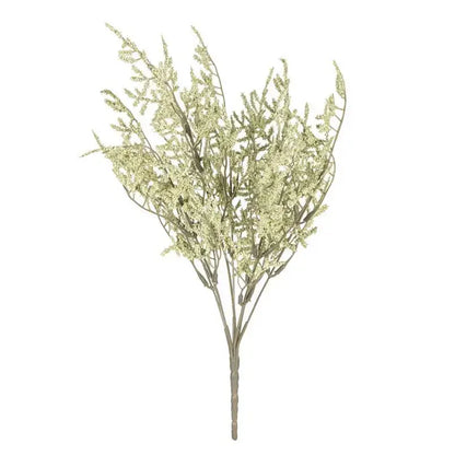 White dried babys breath lavender bouquet with pale green and white textured foliage in paper box vase for living room