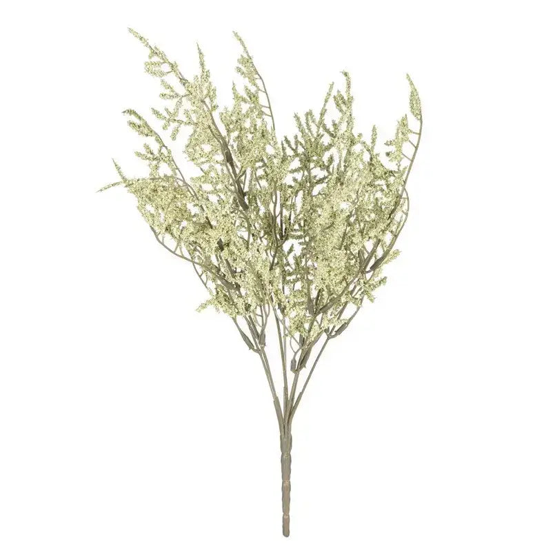 White dried babys breath lavender bouquet with pale green and white textured foliage in paper box vase for living room