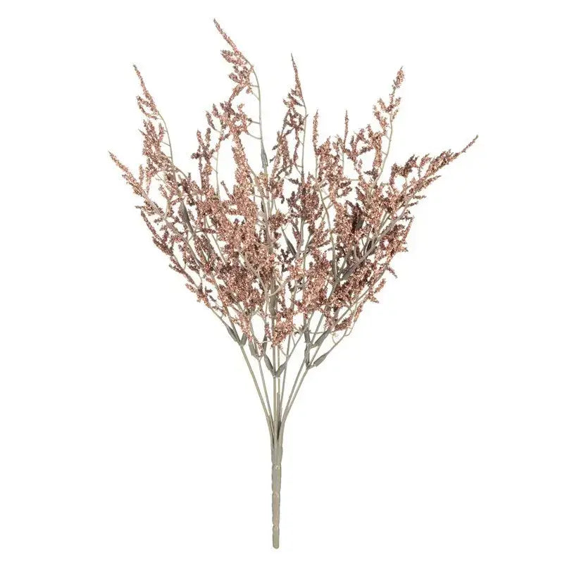 A delicate white dried breath lavender bouquet with rose gold seed heads in a paper box vase for living room decor