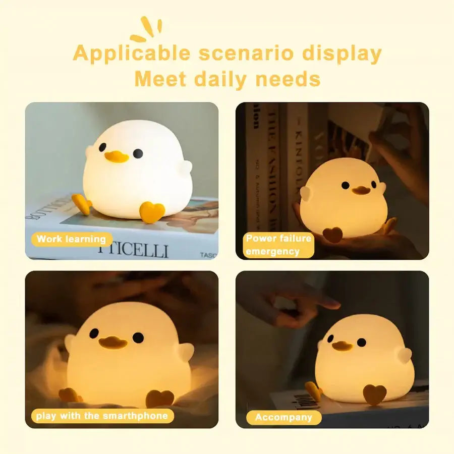 White duck silicone night light with yellow beak and feet designed for cozy ambiance by decorbites duck silicone night