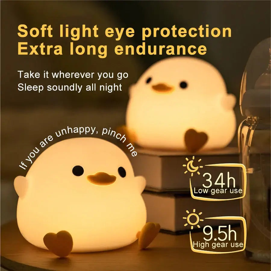 Soft warm-glowing yellow chick decorbites duck silicone night light with touch sensor timer for bedroom use