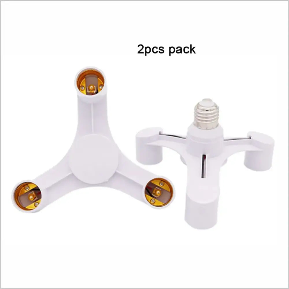 White e27 lamp holder 3-way converter pack with a white plastic body and three gold-colored sockets for living room lighting