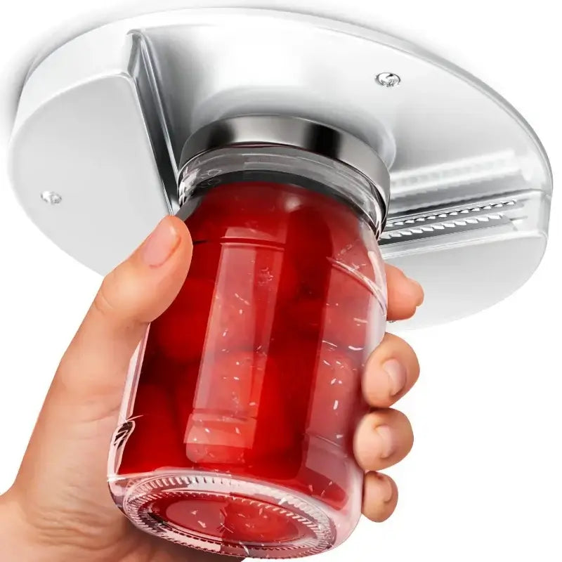 Silver metal easy twist jar opener mounted on ceiling grips glass jar with red contents for easy lid removal