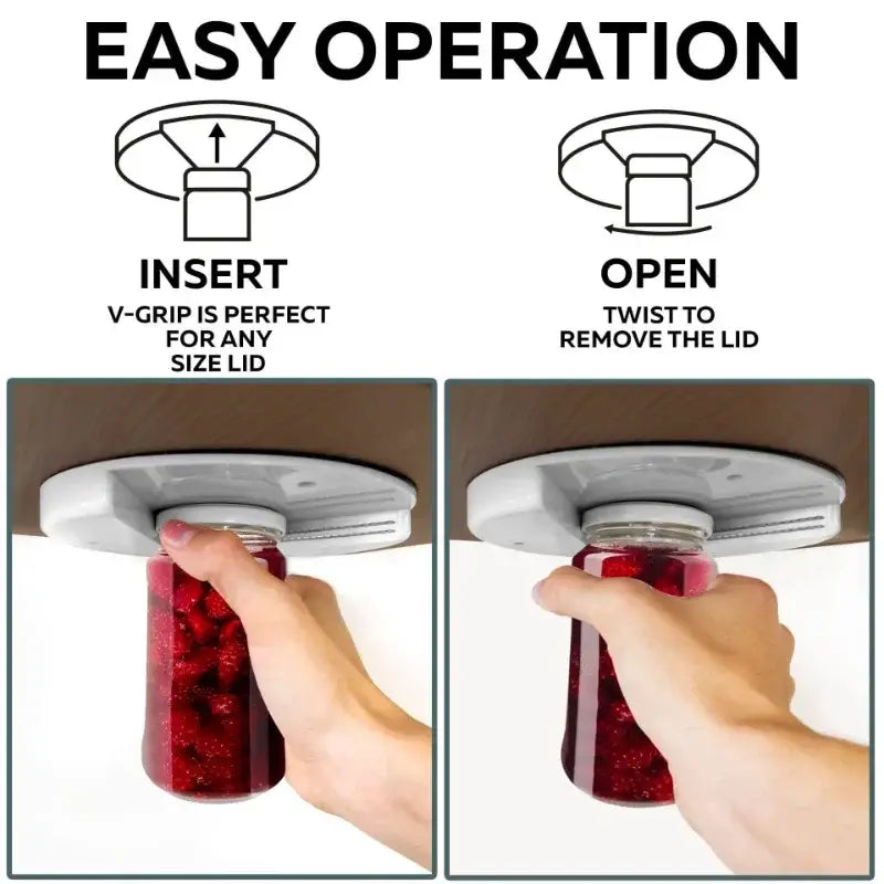 White plastic easy twist jar opener with v-grip design and adhesive mount for effortless kitchen lid removal