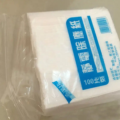 A package of 100 white electrostatic dust removal cloths sealed in plastic for kitchen and general dust removal tasks