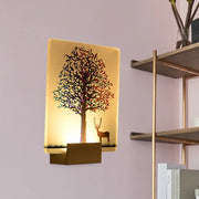 White elk tree led wall sconce with warm glow featuring elk tree design on translucent glass for living room use