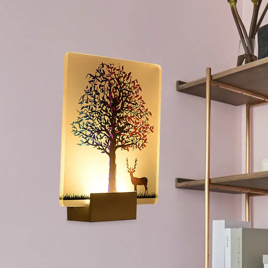 White elk tree led wall sconce with warm glow featuring elk tree design on translucent glass for living room use