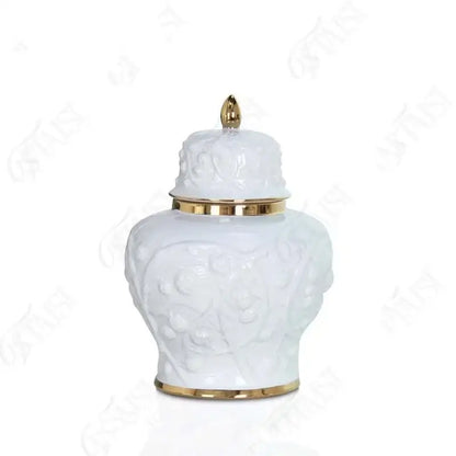White ceramic embossed flower ginger jar vase with gold-trimmed lid and base for living room storage