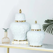 White embossed flower ceramic ginger jar vase with gold-trimmed lids and bases for living room storage