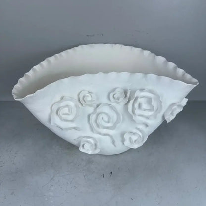 White embossed rose ceramic vase with scalloped rim in porcelain decor for living room by decorbites embossed rose
