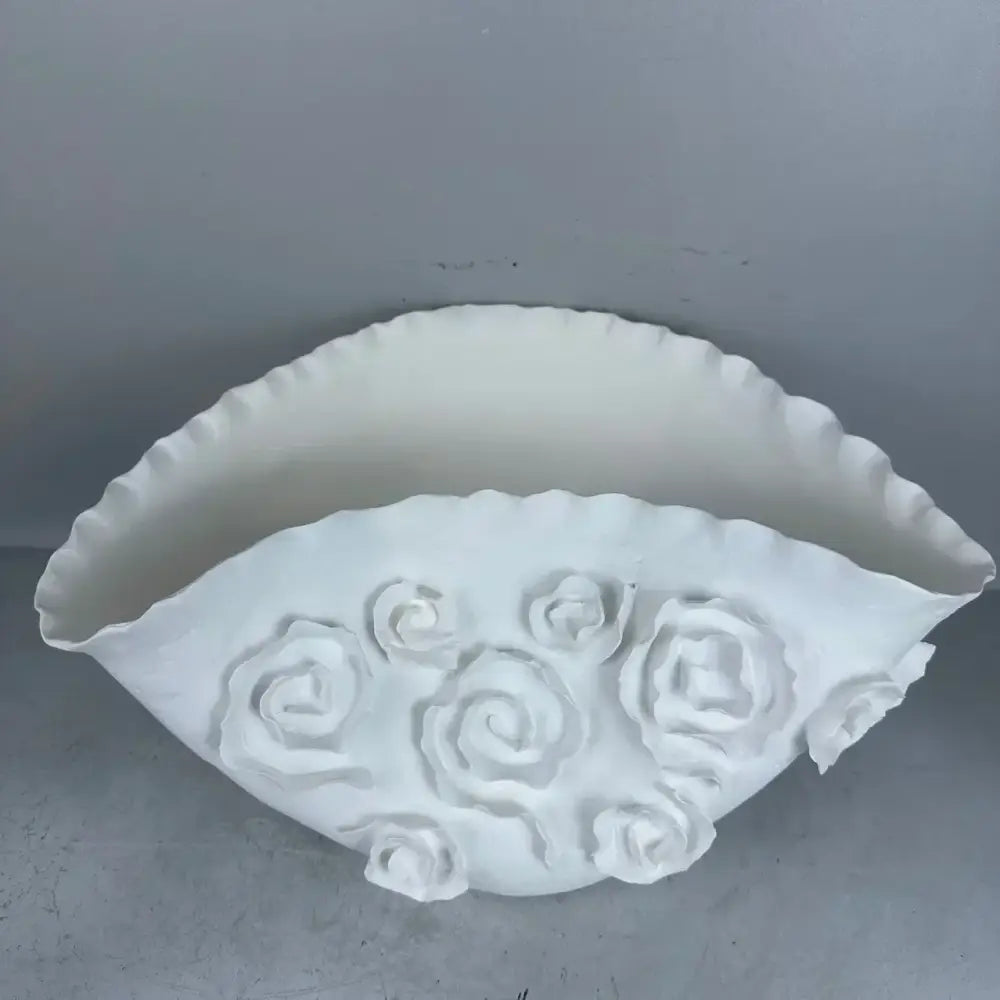 White embossed rose ceramic vase with scalloped rim decorative decorbites embossed rose for living room decor
