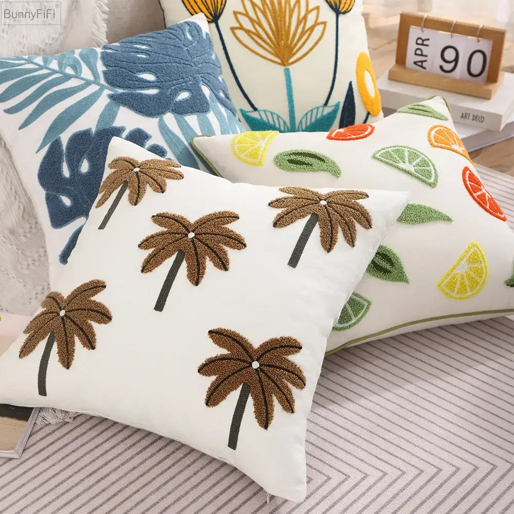 White embroidered cactus lemon pillow case with brown palm tree embroidery and plush textured finish for living room decorbites cactus lemon dandelion