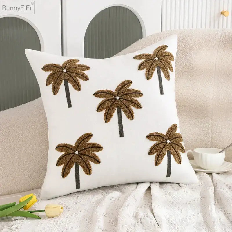 White embroidered cactus lemon pillow case with brown palm trees and beads for decorbites cactus lemon living room decor