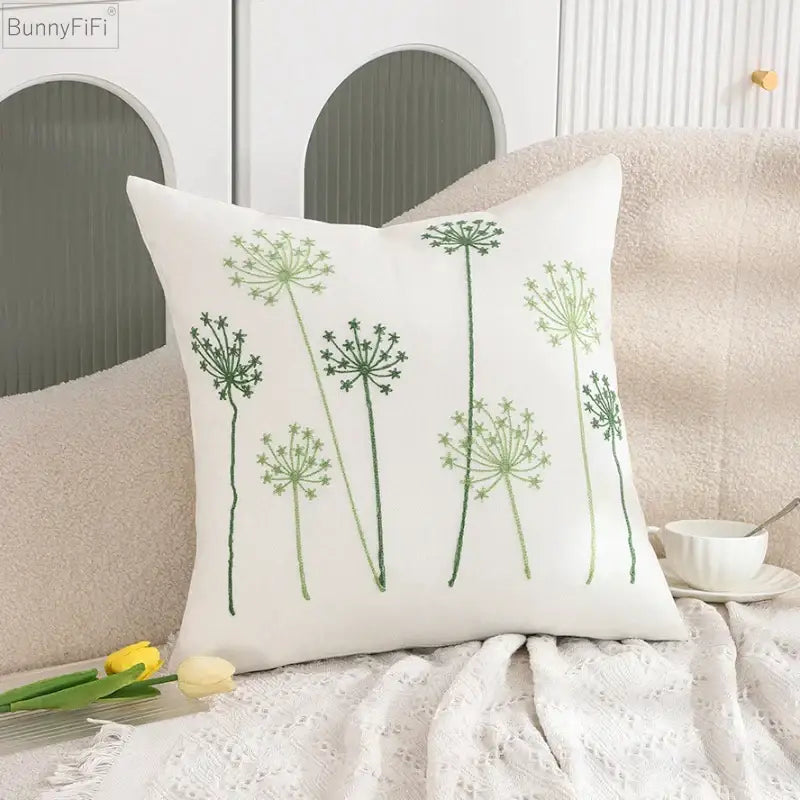 White pillow case featuring embroidered green cactus lemon dandelion flowers for decorbites living room decor