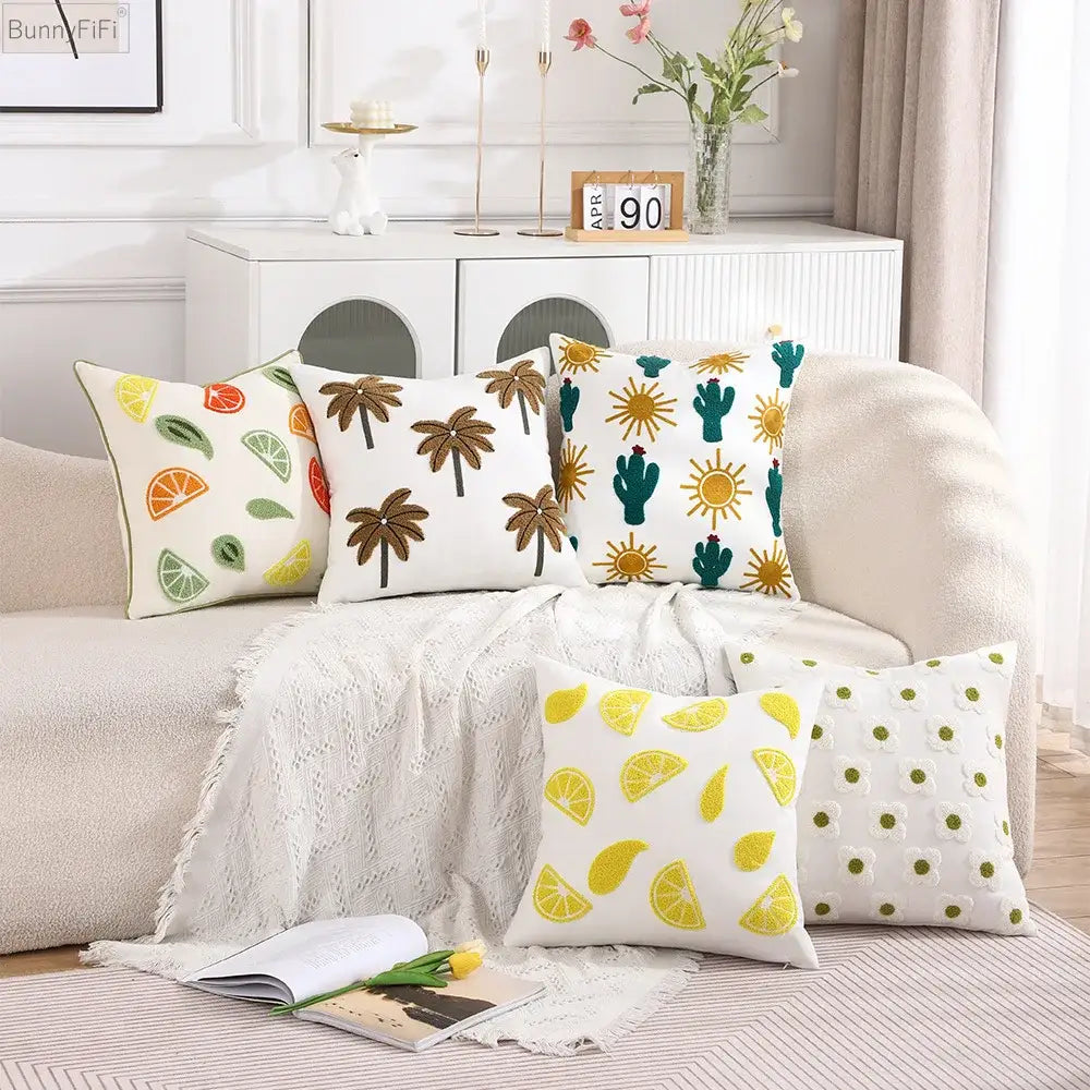 Set of four white pillow cases with embroidered cactus lemon dandelion decorbites design for living room decor