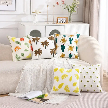 Set of four white pillow cases with embroidered cactus lemon dandelion decorbites design for living room decor