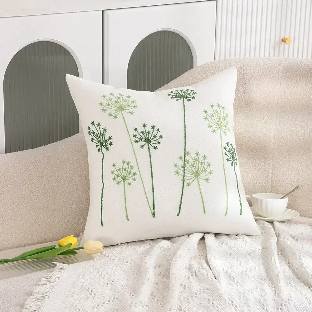 White square pillow case with embroidered cactus lemon dandelion plants in green for living room decorbites decor