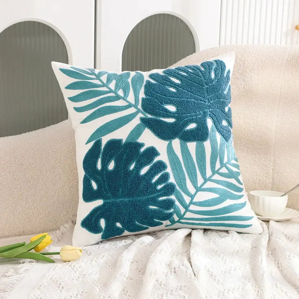 White throw pillow case with teal embroidered tropical leaf pattern for decorbites cactus lemon living room decorbites cactus lemon pillow case with teal embroidery and tropical leaf design for living room decorbites cactus lemon pillow case with teal embroidered tropical leaf pattern for cactus lemon dandelion decor