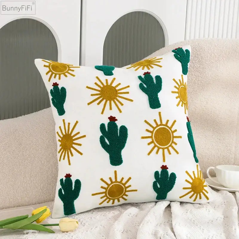 White embroidered cactus lemon pillow case with green cacti and gold suns for living room decorbites cactus lemon dandelion