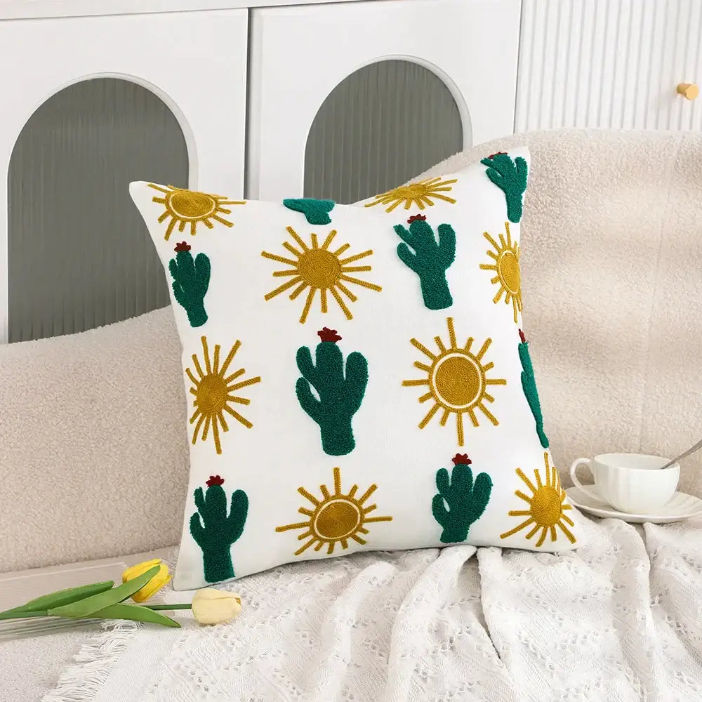 White embroidered pillow case with green cacti and gold suns decorbites cactus lemon living room decor