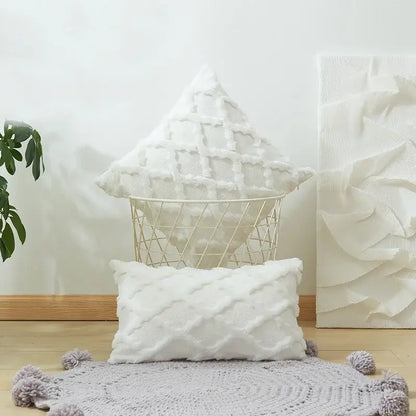 White textured cushion cover with embroidered diamond pattern in soft plush fabric for living room decor
