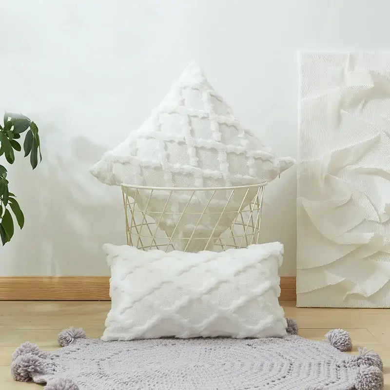 White textured cushion cover with embroidered diamond pattern in soft plush fabric for living room decor